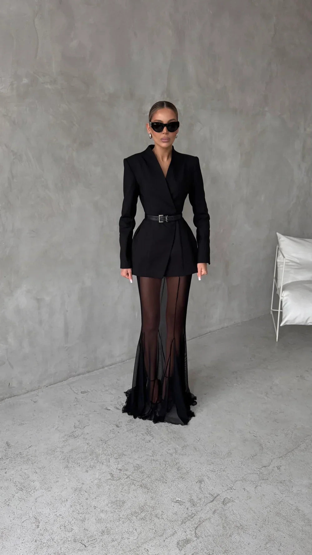 סט שני חלקים אלגנטי בלייזר וחצאית מקסי שיפון - אנסטסיה