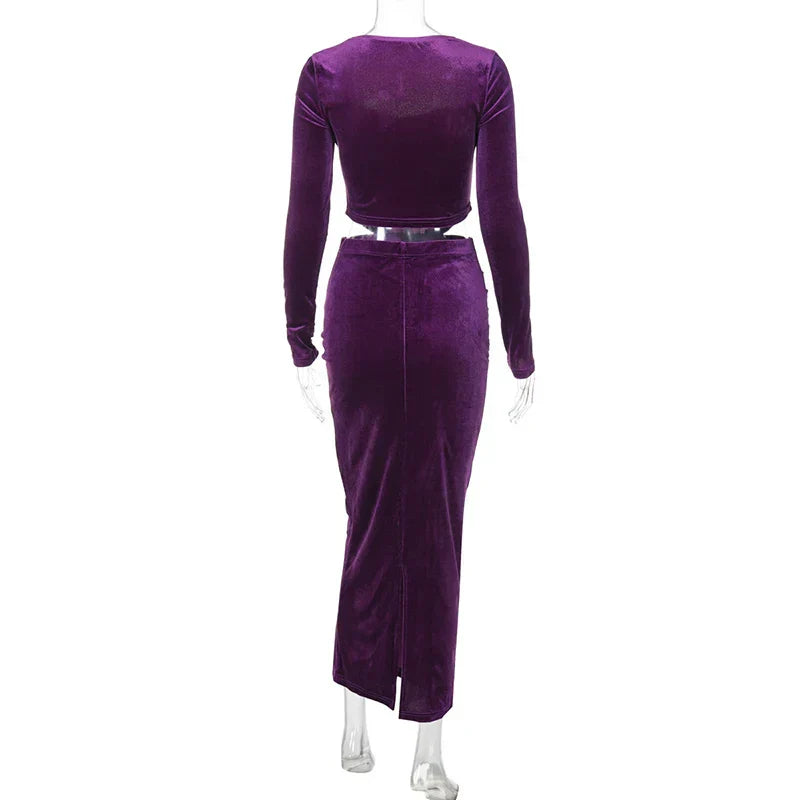 סט שני חלקים קטיפה חולצה וחצאית מקסי צמודה - מירנדה