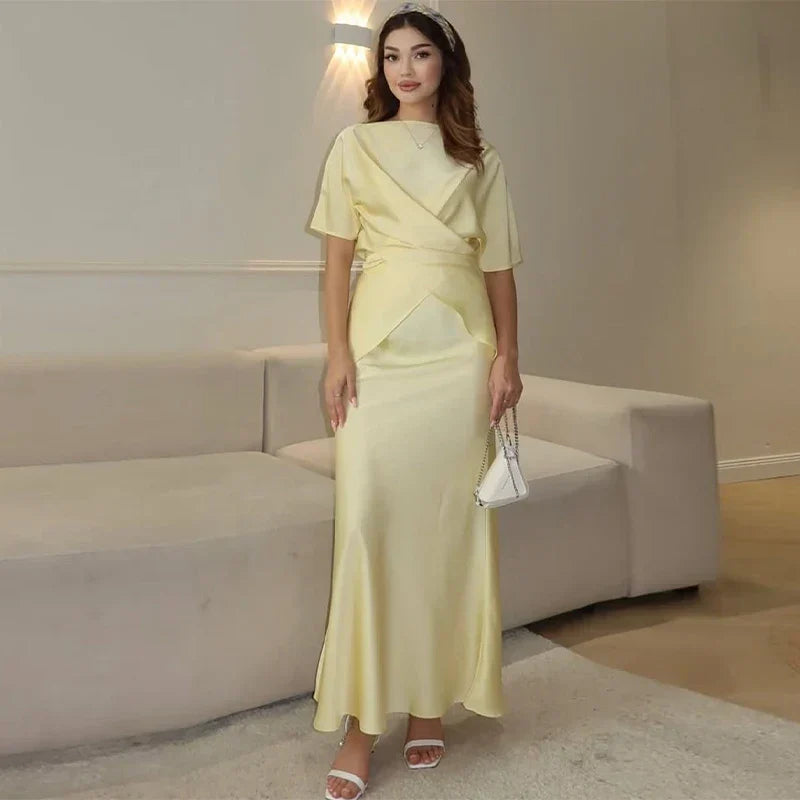 סט סאטן שני חלקים חולצת קשירה בעיצוב קרוס וחצאית מקסי - ליבי